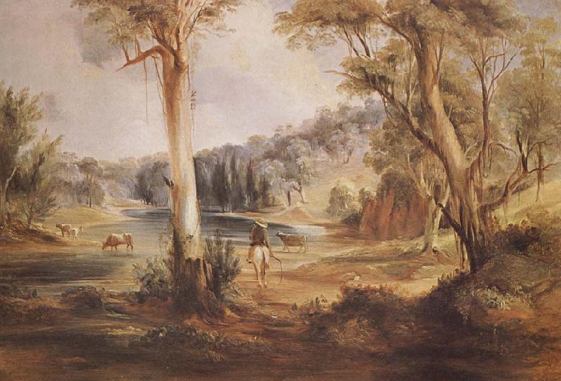 Conrad Martens Australian Landscape with cattle and a stockman at a creek oil painting image